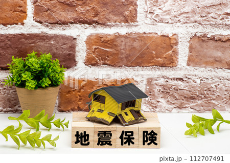 地震に倒壊した住宅と地震保険のイメージ 112707491