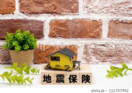 地震に倒壊した住宅と地震保険のイメージ 112707492
