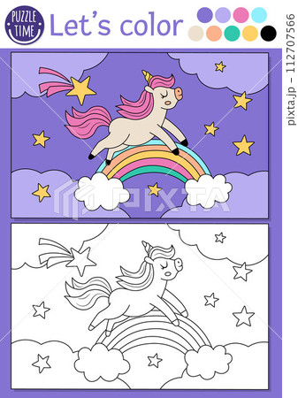 Coloring page for children with cute unicorn jumping over rainbow. Vector fairytale outline illustration. Fantasy color book for kids with colored example. Magic world drawing printable worksheet Coloring page for children with cute unicorn jumping over rainbow. Vector fairytale outline illustration. Fantasy color book for kids with colored example. Magic world drawing printable worksheet 112707566