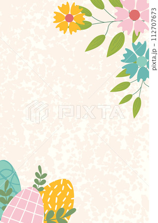Banner template for Easter holiday. Greeting card, poster or banner with flowers and easter eggs in pastel colors with texture on background. Flat vector illustration. 112707673