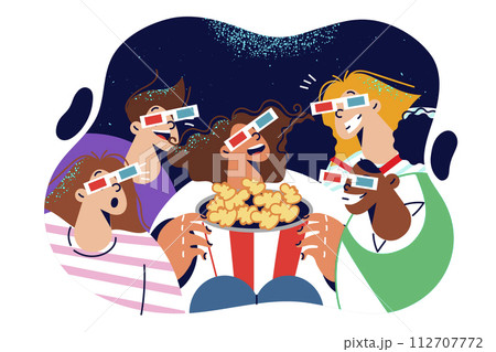 Kids watch movie with 3d glasses and eat popcorn during movie showing premiere of cartoon 112707772