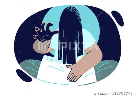 Nightmare with woman from horror films with face hidden behind hair in darkness. 112707775