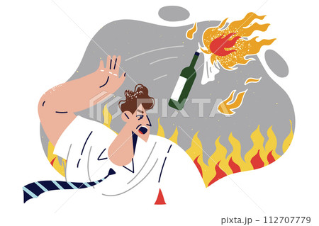 Aggressive man throws gasoline bottle to set fire to buildings, participating in revolution 112707779