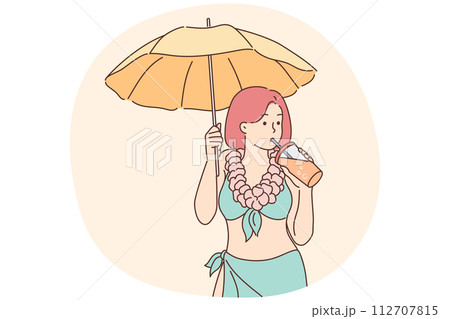 Woman in bikini enjoy cocktail on beach Woman in bikini enjoy cocktail on beach 112707815