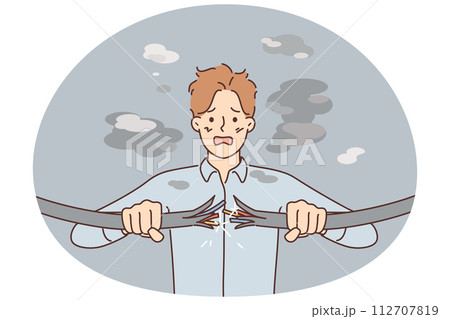 Stressed businessman with electric shock from cable Stressed businessman with electric shock from cable 112707819