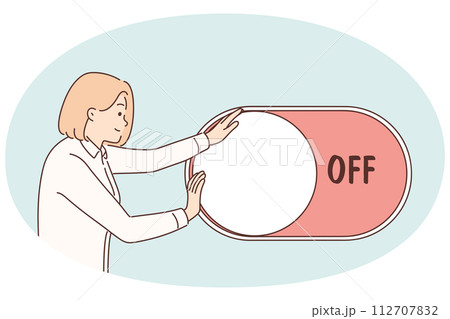 Motivated woman turn off and on button Motivated woman turn off and on button 112707832