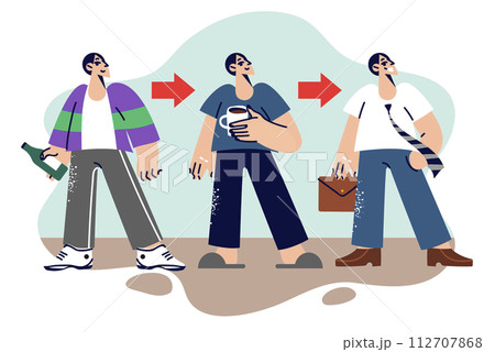 Evolution of person turning from unemployed alcoholic into successful office employee 112707868