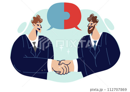 Business partners shake hands after successfully solving joint problem, stands near speech clouds 112707869