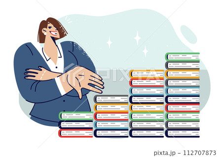 Business woman demonstrates career ladder made from books on management and marketing 112707873