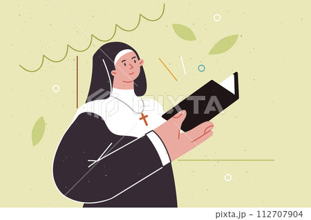 Woman priest reads religious literature or old testament standing in park, dressed in monastic robe 112707904