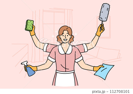 Woman maid is ready to clean apartment, working in multitasking mode thanks to presence four hands 112708101