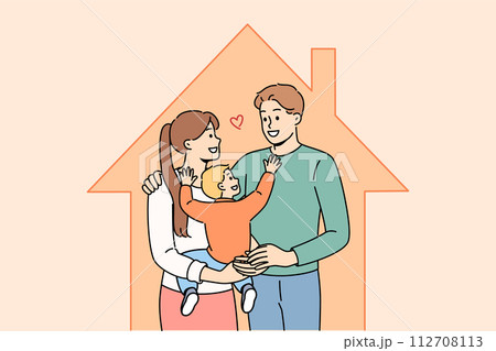 Family with baby is standing inside house after purchasing own home with mortgage Family with baby is standing inside house after purchasing own home with mortgage 112708113