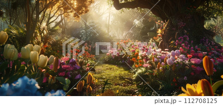 Immerse in a serene enchanted garden, where sunlight dances through a vibrant tapestry of flowers Immerse in a serene enchanted garden, where sunlight dances through a vibrant tapestry of flowers 112708125
