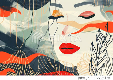 Stylish modern art featuring abstract face with bold red lips 112708126