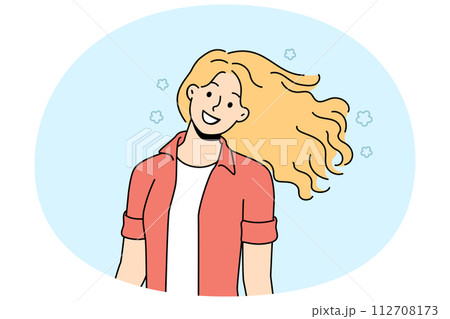 Smiling woman with curly hair enjoy walking 112708173