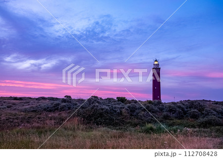 Lighthouse Aglow at Twilight Amidst Wild Heath 112708428