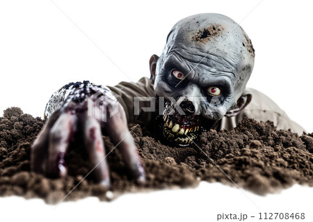 Bloody male zombie crawls out of the grave soil 112708468