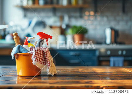 Bucket with cleaning items on wooden table 112708471