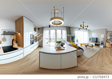 360 degrees photography of modern kitchen in scandinavian style 112708473