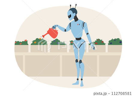 Robot waters plants in garden, helping people monitor flowers and bushes growing in greenhouse Robot waters plants in garden, helping people monitor flowers and bushes growing in greenhouse 112708581