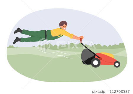 Man gardener uses powerful lawn mower to maintain grass of public park or golf course Man gardener uses powerful lawn mower to maintain grass of public park or golf course 112708587