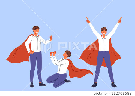 Business man in superhero cape rejoices in victory, taking different poses and making joy gestures 112708588