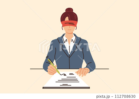 Business woman signs contract without looking, because of complete trust in partner. Business woman signs contract without looking, because of complete trust in partner. 112708630