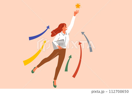 Ambitious woman strives for business progress, grabbing star from sky and reaching new level Ambitious woman strives for business progress, grabbing star from sky and reaching new level 112708650