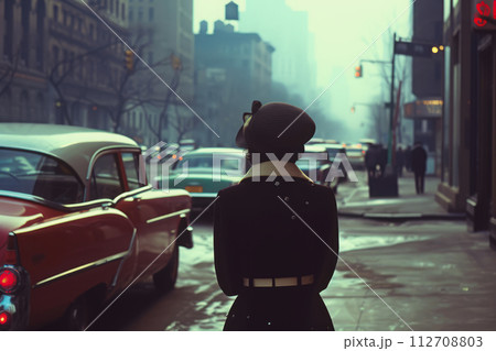 Vintage photo of woman at city street with cars 112708803