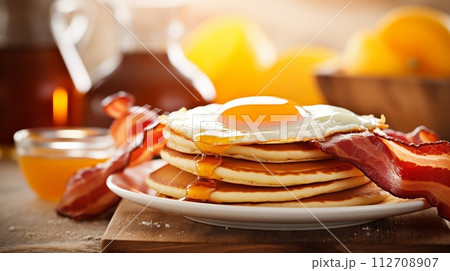 Savoring a delicious homemade American breakfast, AI Generated 112708907