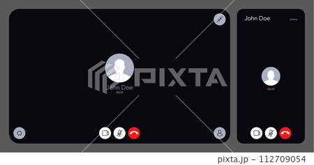 Video call UI. Online meeting chat conversation interface, web conference app with video call and voice call. Vector mockup Video call UI. Online meeting chat conversation interface, web conference app with video call and voice call. Vector mockup 112709054
