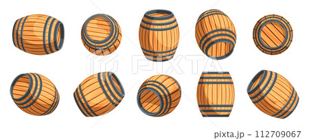 Cartoon wooden barrels. Stack of old oak kegs and casks with rum, whisky, wine and beer, traditional brewery and pub equipment Cartoon wooden barrels. Stack of old oak kegs and casks with rum, whisky, wine and beer, traditional brewery and pub equipment 112709067