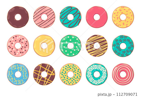 Cartoon donut. Cute colorful bakery glazed donut with hole, colorful sweet pastry donuts for kids birthday party, cute bakery dessert 112709071