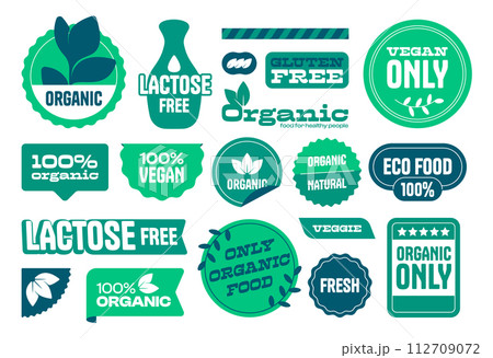 Organic food labels. Eco vegetarian, gluten and lactose free stamps with leaf, natural farm fresh product icons. Vector healthy diet ecology badges collection 112709072