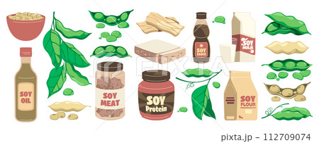 Soy bean products. Cartoon organic food with soybean soy milk soya tofu tempeh, vegan vegetarian healthy protein alternative. Vector set Soy bean products. Cartoon organic food with soybean soy milk soya tofu tempeh, vegan vegetarian healthy protein alternative. Vector set 112709074