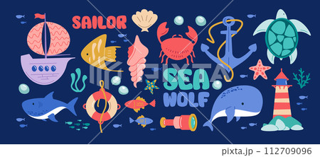 Marine animals with quotes. Cute underwater ocean wildlife hand drawn labels, sea creatures and plants with typography slogans. Vector collection Marine animals with quotes. Cute underwater ocean wildlife hand drawn labels, sea creatures and plants with typography slogans. Vector collection 112709096