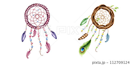 Marker set illustrations of ethnic wooden wicker wreath, woven willow hoop dreamcatchers of twigs with spring leaves, beads on a rope with peacock feather in watercolor style. Hand painted holder Marker set illustrations of ethnic wooden wicker wreath, woven willow hoop dreamcatchers of twigs with spring leaves, beads on a rope with peacock feather in watercolor style. Hand painted holder 112709124