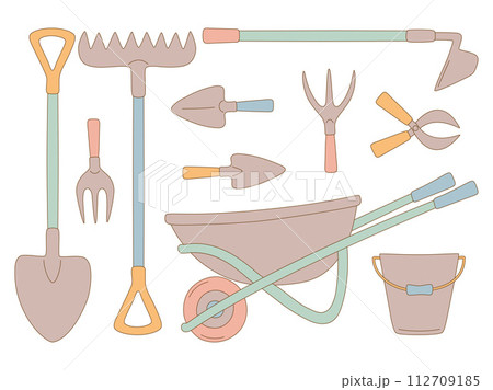 Set of gardening items. Agricultural and garden tools. Gardening and farm equipment. Vector isolated on white background Set of gardening items. Agricultural and garden tools. Gardening and farm equipment. Vector isolated on white background 112709185