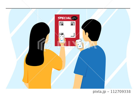 vector illustration of people scan qr code from mobile phone on poster. man and woman search information from mobile phone concept about technology cellphone internet sell shop. 112709338