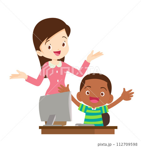 happy teacher and student learning computer 112709598
