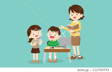 teacher and kids learning computer technology education courses teacher and kids learning computer technology education courses 112709743