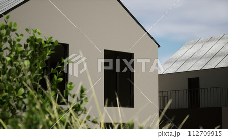 Architecture 3d rendering illustration of modern minimal house in cottage development Architecture 3d rendering illustration of modern minimal house in cottage development 112709915