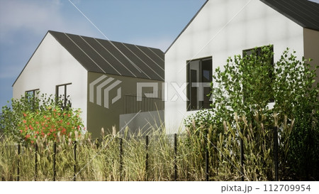 Architecture 3d rendering illustration of modern minimal house in cottage development 112709954
