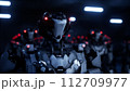 3d rendering of walking robotics army, industrial group of cyborg machines on white and green screen studio background. 112709977