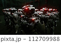 3d rendering of robotics army, industrial group of cyborg machines on factory background. Futuristic AI robotic team, artificial intelligence technology concept. 112709988