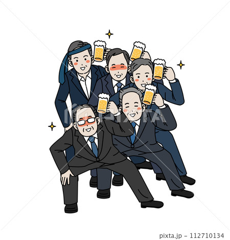 ビールを飲んで踊る中年会社員の男性のイラスト 112710134