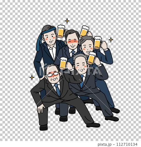 Illustration of a middle-aged office worker drinking beer and dancing 112710134