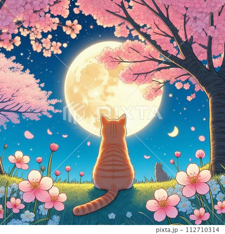 桜を見ながらたそがれる猫の後ろ姿11のイラスト素材 [112710314] - PIXTA