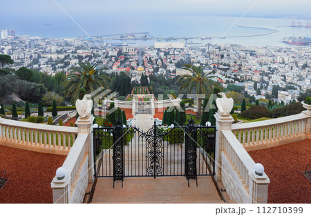 view from Mount Carmel of the Bahai Gardens and Bay in Haifa, 112710399