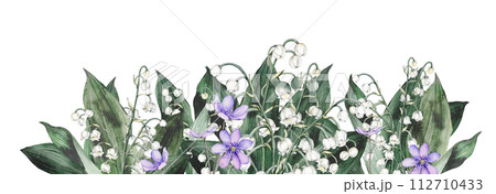 Watercolor banner with spring lilies of the valley and scilla. Watercolor spring primrose flower in border for wedding. Decorative element for greeting card. hand drawn illustration on isolated Watercolor banner with spring lilies of the valley and scilla. Watercolor spring primrose flower in border for wedding. Decorative element for greeting card. hand drawn illustration on isolated 112710433